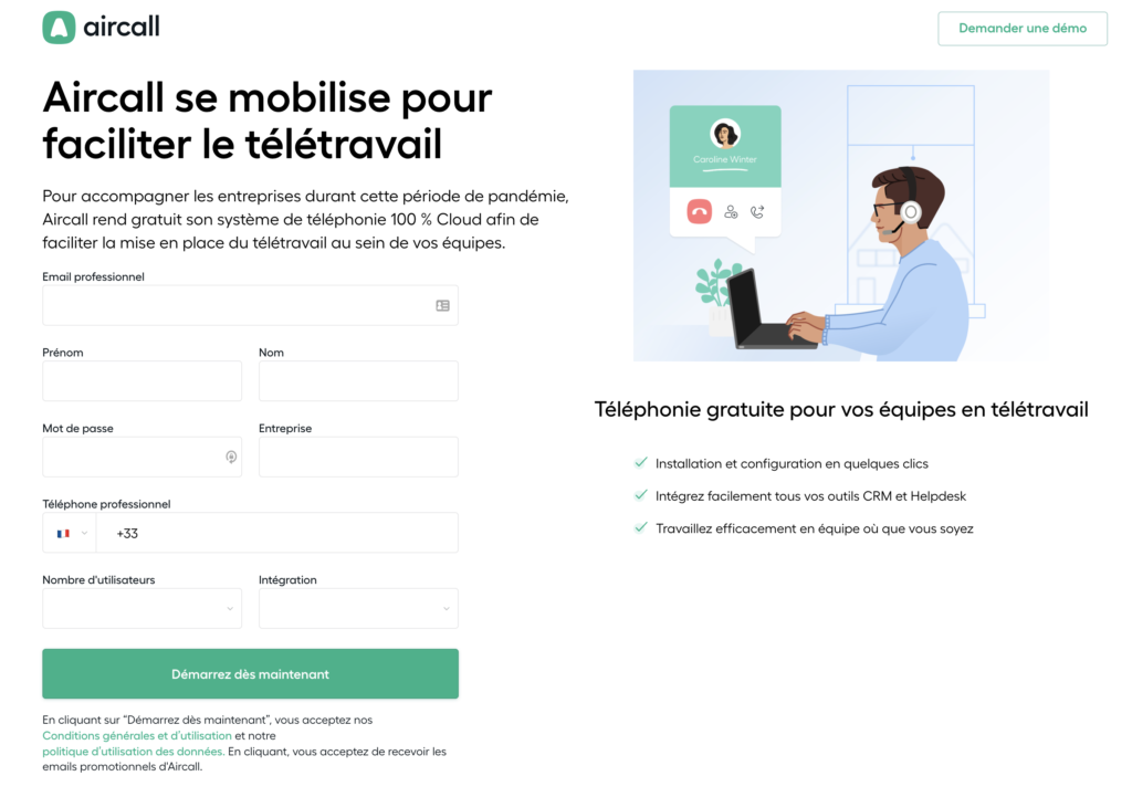 Le site internet de l'outil de télétravail Aircall. Il suffit de compléter le formulaire et de télécharger Aircall !